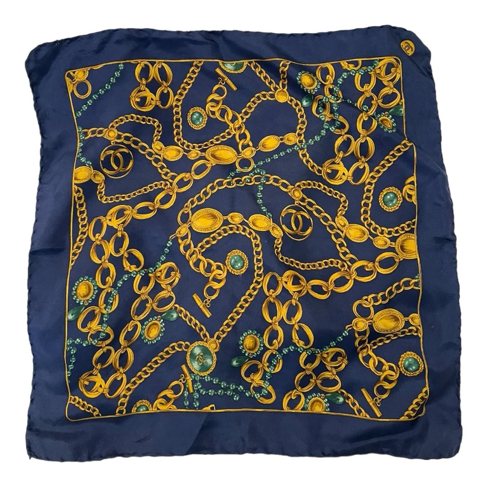 Chanel Vintage Silk Scarf Gold CC Chains